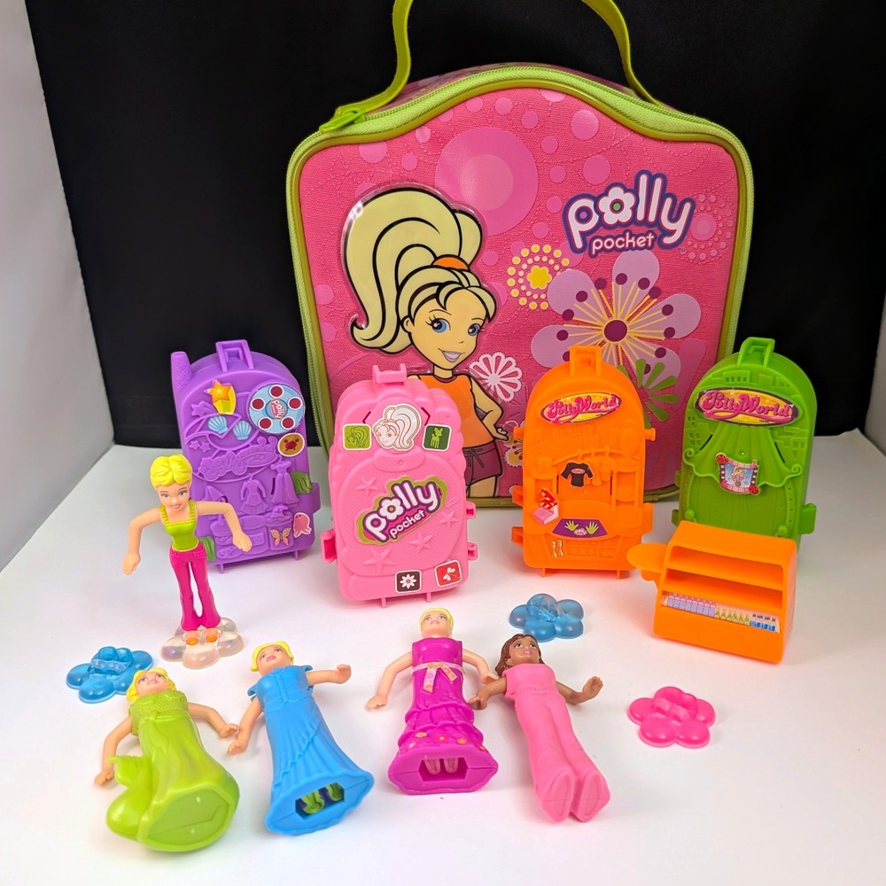 Polly Pocket Doll Playset Lot 5 Dolls 4in Articulated w/ Carrying Case 2000s